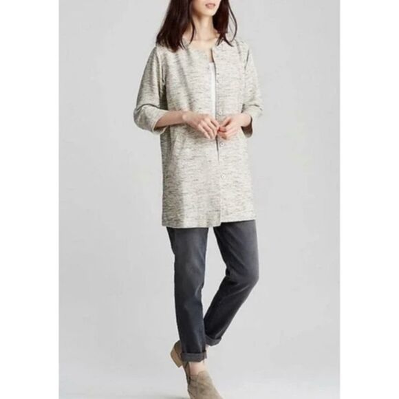 Eileen Fisher Ecru Tweed Round Neck Long Jacket - Picture 3 of 6